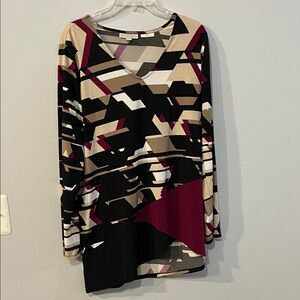 Dana Buchman Geometric Long Sleeve Dress - Black, Cream, Burgundy